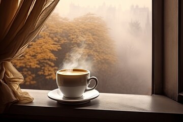 Sticker - Morning elixir. Aromatic espresso in vintage cup on wooden table in sunrise light. Rustic morning bliss. Sunrise sip