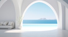 White Room With An Archway And A View Of The Ocean.