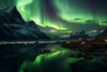 Lofoten Islands: Green Northern Lights Over Mountains, Polar Lights In Night Sky, Aurora And Reflections On Water's Surface In Nighttime Win. Generative AI