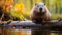 A Brown Beaver Standing On Top Of A Log Next To A Body Of Water
