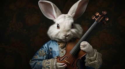 Wall Mural - 3D ironic bunny portrait, Musician rabbit, Violinist, Violin, Playing, 1700. BUNNY THE VIOLINIST. A rabbit posing with violin in 1700s Baroque style. Ruffled collar, white and blue attire.