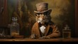 3D ironic portrait, Rat, Mouse, Eyeglasses, Hat, Animal, West, Western. DOCTOR RAT IN THE OLD FAR WEST. Mouse dressed up as a medical expert. Top hat on his head. Huge oil painting behind him.