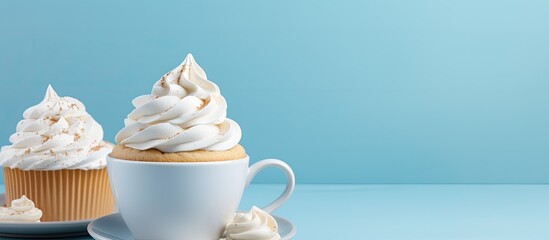 Poster - A cup of coffee topped with whipped cream set apart on a blue background