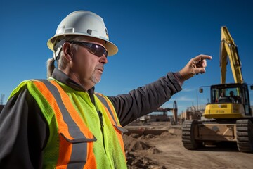 Wall Mural - A construction banksman skillfully directs heavy machinery using precise hand signals, orchestrating the complex movements of equipment on a construction site with expertise and precision.