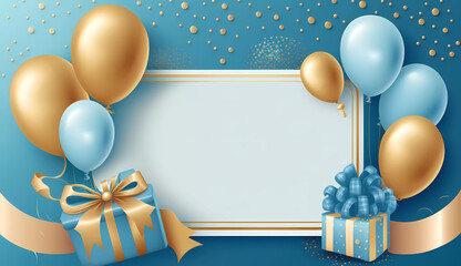 Wall Mural - a blue and gold birthday background with balloons and presents on a blue background with a white signboard for text