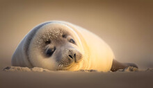 A Baby Seal Laying On The Beach In The Sand With Its Head Turned To The Side And Eyes Closed