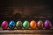 row of colorful Easter eggs on wooden background. Generative AI