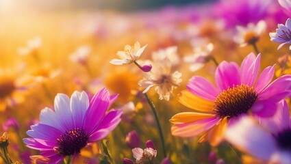 Flower field in sunlight, spring or summer garden background in close-up. Flower meadow field