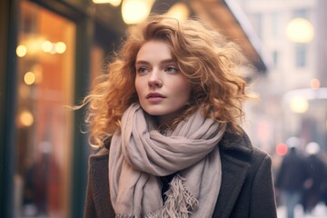 Wall Mural - A contemplative young woman with curly hair, wearing a coat and scarf, is seen with warm street lighting in the background.