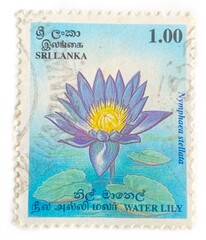 Bari, Italy - November 05, 2023. Post stamp 1 Sri Lankan rupees printed by Democratic Socialist Republic of Sri Lanka, Water Lily