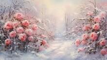 Pink Rose Tree Blossoming During Winter On Snowy Road In Nature Trial, Winter Season Contemporary Painting Art Style, Generative Ai