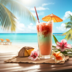 Tropical resort  beach paradise scene with cocktail  glass with small umbrella,  tourism travel destination drinks