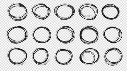 Highlight circle frames. For message note mark design element. Set hand drawn pencil or marker round circles line sketch set. Circular scribble doodle oval. Vector illustration. Transparent background