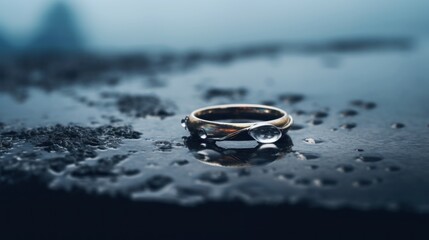 Wall Mural - A wedding ring sits on a wet surface, AI