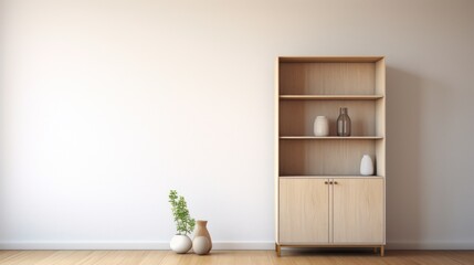 Sticker - Empty wooden cabinet with vases and books on the floor, AI