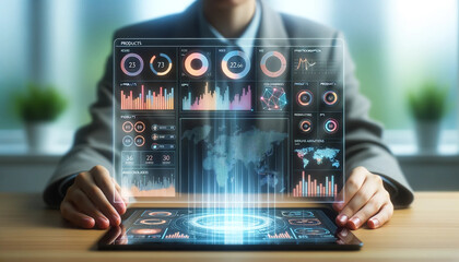 Interactive data analytics dashboard in use. Suitable for business and tech concepts.