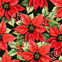 Wall Mural - Christmas seamless pattern with poinsettia flowers, pine cones, holly flower. Vintage vector pattern, ornament for printing on paper, textile