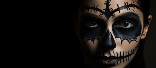 Canvas Print - A girl in dark attire with half of her face painted like a skull