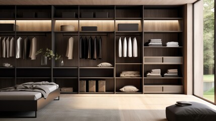 Sticker - A modern bedroom with a closet and wooden shelving, AI