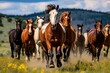 Colorful horses run in front of the Pryor Mountains in Montana