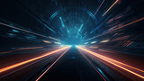 Fototapeta Przestrzenne - Hyperspace journey zooming through a tunnel filled orange and blue neon lights