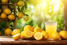Front View Of A Wooden Table With Freshly Squeezed Juice And Lemons Surrounded By Lemon Trees With A Ray Of Sunlight