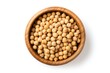 Macro food photo of cooked Kabuli chickpeas a high protein legume and key ingredient of hummus in a wooden bowl on a white background