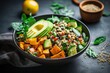 Making a nutritious salad with quinoa avocado sweet potato beans herbs and spinach on a rustic background for a clean healthy vegan vegetarian meal