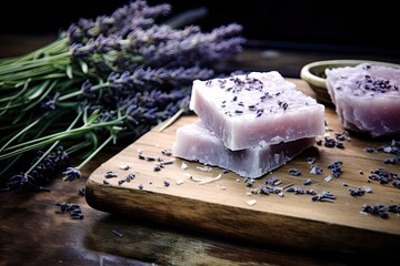 Poster - Lavender soap and salt displayed on wooden board