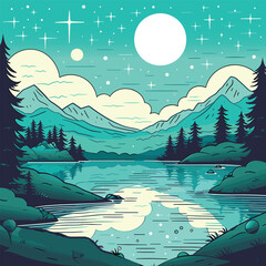 Wall Mural - Cartoon landscape with river bay, water surface and river banks with trees. Cozy place background vector