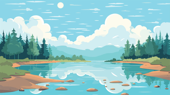 cartoon landscape with river bay, water surface and river banks with trees. cozy place background ve