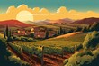 Retro style illustration of a vineyard and winery at sunset. Warm autumn tones of rolling hills and rows of vines. 1950s style travel poster.