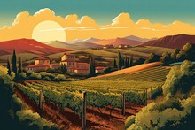 Retro Style Illustration Of A Vineyard And Winery At Sunset. Warm Autumn Tones Of Rolling Hills And Rows Of Vines. 1950s Style Travel Poster.