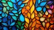 AI-generated macro illustration of detail in an abstract leaded glass window in yellow, orange, green and blue. . MidJourney.