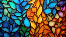AI-generated Macro Illustration Of Detail In An Abstract Leaded Glass Window In Yellow, Orange, Green And Blue. . MidJourney.