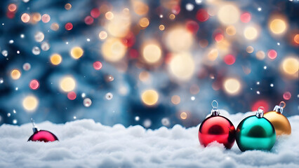 Wall Mural - Beautiful christmas ball on snow with blurred shiny lights background