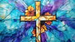 Christliches Kreuz auf Buntglas. Fenster mit gelbem Kreuz. Symbol für den christlichen Glauben aus Glas. Bleiglasfenster als buntes Kirchenfenster.
