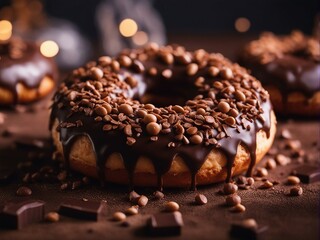 close-up of  delicious looking chocolate donut with a decorative blurry light background

