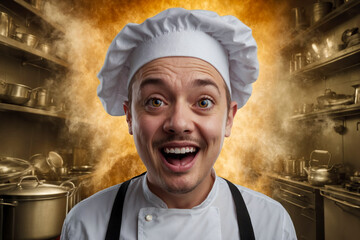 Surprised male chef in a kitchen with steam or smoke in the background.