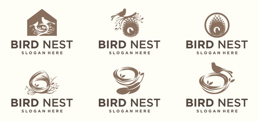 Canvas Print - vector natural bird's nest logo, natural root and leaf bird's nest logo