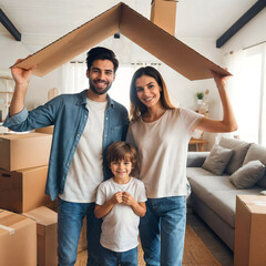 Poster - Happy family mother father and child move to new home apartment and unpack boxes