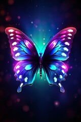 beautiful purple neon glowing butterfly illustration at black background, colorful magic wallpaper