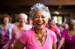 elderly woman in pink shirt dancing with her friends