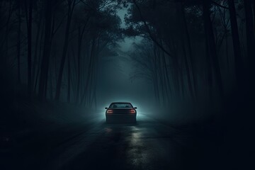 Driving along a dark and foggy forest road at night with car headlights breaking through the fog.