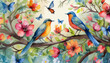 Watercolor painting pattern of colorful birds standing on tree branches with butterflies and beautiful flowers in a harmonious color