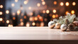 Christmas background, empty wooden tabletop with shiny balls candle, sparkling garlands, lights, bokeh, copy space