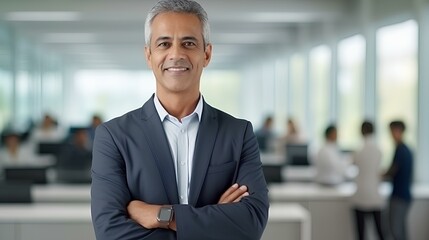 Confident older middle aged Indian business man manager standing at office team meeting. generative AI 