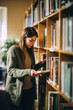 Female student reads book standing near shelves in university library. Vertical photo.