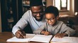 Smiling African American father and son do homework together.