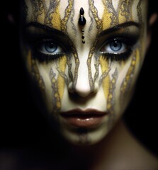 Canvas Print - A mysterious woman with a gold and black painted face. Generative AI.